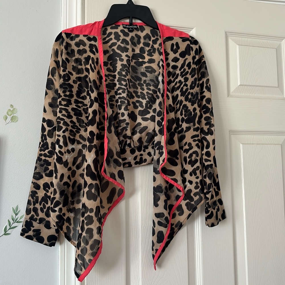 Tan and Black Leopard Print Cape with Red Trim